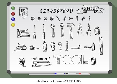 DIY Hand Tools Icons Set. Whiteboard collection. Hand drawn vector illustration