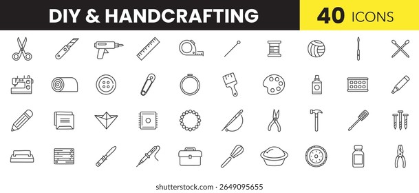 DIY and Handcrafting Line Icons – Minimal Outline Vector Icons of Handmade Crafts, Tools, and Creative Projects