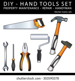 DIY Handy tools for property maintenance, repair and handyman work. Vector icons set.