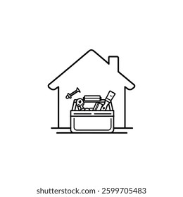 DIY Home Improvement Icon: Line Drawing of a House with Toolbox Containing Tools
