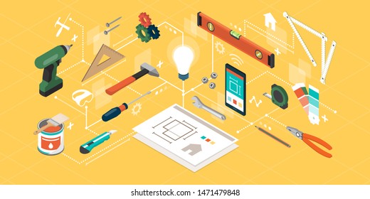 DIY, Home Renovation And Creative Projects: Isometric Tools, Smartphone And Construction Equipment