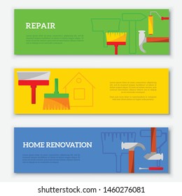 DIY home renovation or improvement horizontal banners, repair colorful background. Hammer, brushes and other construction tools. Template with place for text. Vector illustration.