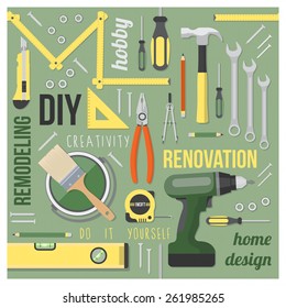 DIY and home renovation tools set with words and concepts in a square frame on green background
