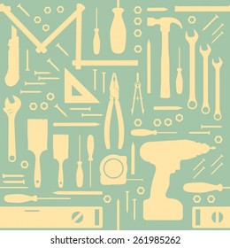 DIY and home renovation tools vintage seamless pattern with silhouettes