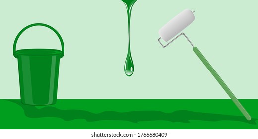 Reparación de casa. Roller de pintura, cubo, gota de pintura que fluye - fondo verde - vector. Banner