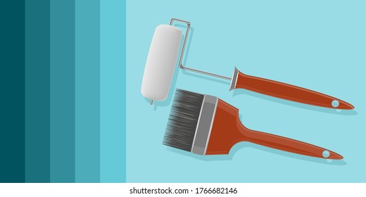 DIY home repair. Paint roller and brush realistic - abstract background - vector. Banner