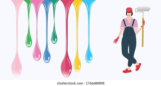 Reparación de casa. Mujer con rodillo de pintura, gotas goteantes de pintura - aislada en fondo blanco - vector. Banner