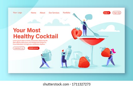 DIY homemade cocktail recipes concept for landing page. Cartoon little flat characters prepare a summer strawberry smoothie, cocktail. People bartenders prepare a drink using special tools.