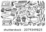 DIY icons. Hardware Shop concept. Glue, wood planks, sewing machine. Tools or instruments for home renovation. Banner poster template. Do it yourself. Engraved doodle vintage sketch hand drawn. 