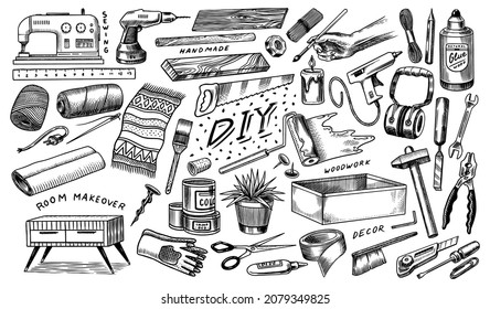 DIY icons. Hardware Shop concept. Glue, wood planks, sewing machine. Tools or instruments for home renovation. Banner poster template. Do it yourself. Engraved doodle vintage sketch hand drawn. 