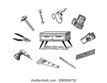 DIY icons. Hardware Shop concept. Glue, wood planks, sewing machine. Tools or instruments for home renovation. Banner poster template. Do it yourself. Engraved doodle vintage sketch hand drawn. 