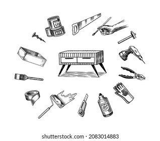 DIY icons. Hardware Shop concept. Glue, wood planks, sewing machine. Tools or instruments for home renovation. Banner poster template. Do it yourself. Engraved doodle vintage sketch hand drawn. 