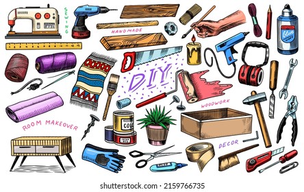 DIY icons. Hardware Shop concept. Glue, wood planks, sewing machine. Tools or instruments for home renovation. Banner poster template. Do it yourself. Engraved doodle vintage sketch hand drawn. 