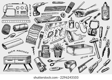 DIY icons. Hardware Shop concept. Glue, wood planks, sewing machine. Tools or instruments for home renovation. Banner poster template. Do it yourself. Engraved doodle vintage sketch hand drawn. 