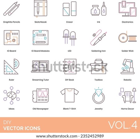 DIY icons including graphite pencil, sketchbook, eraser, ink, electronics, IO board module, LED, soldering iron, solder wick, ruler, streaming tutor, book, toolbox, robotic, idea, old newspaper, blank