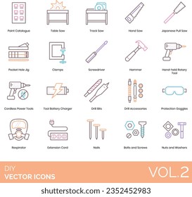 DIY icons including paint catalog, table, track, hand, Japanese pull saw, pocket hole jig, clamps, screwdriver, hammer, handheld rotary tool, cordless power, battery charger, drill bit, accessories