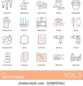 Iconos DIY, incluidos el anclaje de pared, metalurgia, moldeador angular, mascarilla de soldadura, guantes, archivos metálicos, mesa, cosplay, máquina de coser, cuero, espuma artesanal, pistola de calor, pegamento caliente, plástico térmico, papel de lija.