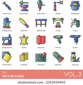 Iconos DIY, incluidos el anclaje de pared, metalurgia, moldeador angular, mascarilla de soldadura, guantes, archivos metálicos, mesa, cosplay, máquina de coser, cuero, espuma artesanal, pistola de calor, pegamento caliente, plástico térmico, papel de lija