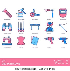 Iconos DIY, incluidos el anclaje de pared, metalurgia, moldeador angular, mascarilla de soldadura, guantes, archivos metálicos, mesa, cosplay, máquina de coser, cuero, espuma artesanal, pistola de calor, pegamento caliente, plástico térmico, papel de lija