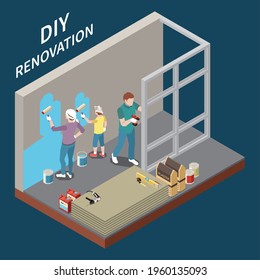 DIY isometric concept with characters renovating room painting walls working with electric drill 3d vector illustration