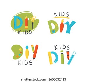DIY Kids Logo Template. Vector Illustration. Kids Creative Club Or Center Logos. Colorful Labels Of Children Craft Lab.