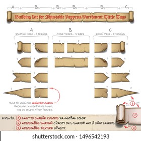 DIY kit for Papyrus Tittle Scroll Tag. Vector Illustration with easy to use building blocks for the starting middle and ending. Neatly layered and labeled with Global Colors for easy editing