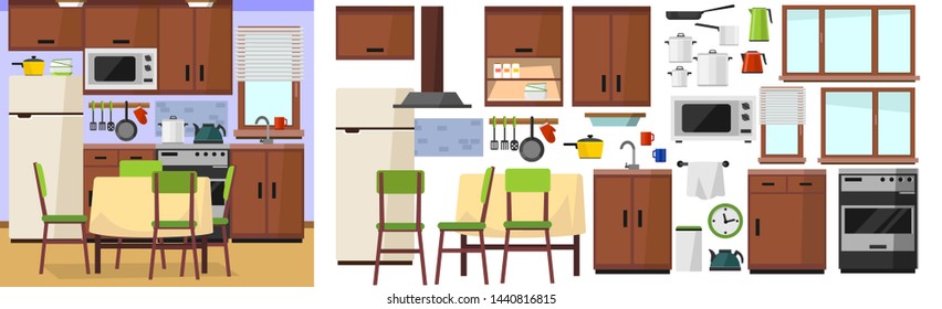 DIY kitchen builder set. Modern kitchen constructor in flat style with furniture and kitchen supplies. Wooden kitchen facade, chair, fridge, table, microwave etc. Vector builder icon set.