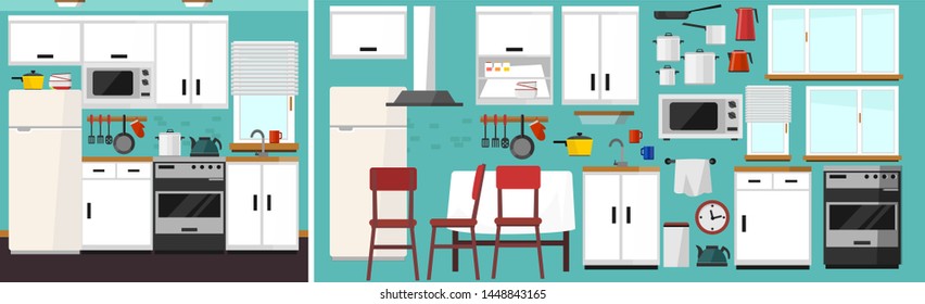 DIY kitchen builder set. Modern kitchen constructor in flat style with furniture and kitchen supplies. White kitchen facade, chair, fridge, table, microwave etc. Vector builder icon set.