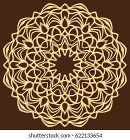 DIY laser cutting pattern. Jigsaw die cut ornament. Islamic cutout silhouette stencil. Fretwork round panel. Vector coaster for paper cutting, scrapbook and woodcut.