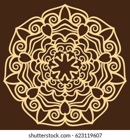 DIY laser cutting pattern. Jigsaw die cut ornament. Islamic cutout silhouette stencil. Fretwork round panel. Vector coaster for paper cutting, scrapbook and woodcut.