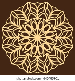 DIY laser cutting pattern. Jigsaw die cut ornament. Islamic cutout silhouette stencil. Fretwork round panel. Vector coaster for paper cutting, scrapbook and woodcut.