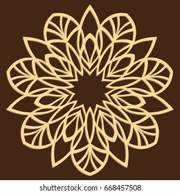 DIY laser cutting pattern. Jigsaw die cut ornament. Islamic cutout silhouette stencil. Fretwork round panel. Vector coaster for paper cutting, scrapbook and woodcut.