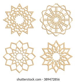 DIY laser cutting patterns. Islamic die cut ornaments. Cutout silhouette stencils. Fretwork round panels. Vector coasters for paper cutting, scrapbook and woodcut.