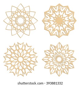 DIY laser cutting patterns. Islamic die cut ornaments. Cutout silhouette stencils. Fretwork round panels. Vector coasters for paper cutting, scrapbook and woodcut.
