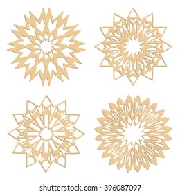DIY laser cutting patterns. Islamic die cut ornaments. Cutout silhouette stencils. Fretwork round panels. Vector coasters for paper cutting, scrapbook and woodcut.