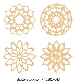 DIY laser cutting patterns. Islamic die cut ornaments. Cutout silhouette stencils. Fretwork round panels. Vector coasters for paper cutting, scrapbook and woodcut.