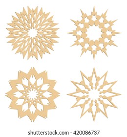 DIY laser cutting patterns. Islamic die cut ornaments. Cutout silhouette stencils. Fretwork round panels. Vector coasters for paper cutting, scrapbook and woodcut.