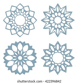 DIY laser cutting patterns. Islamic die cut ornaments. Cutout silhouette stencils. Fretwork round panels. Vector coasters for paper cutting, scrapbook and woodcut.
