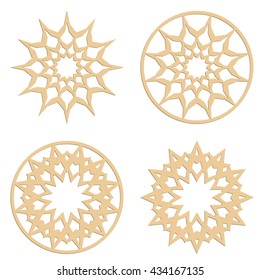 DIY laser cutting patterns. Islamic die cut ornaments. Cutout silhouette stencils. Fretwork round panels. Vector coasters for paper cutting, scrapbook and woodcut.