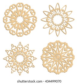 DIY laser cutting patterns. Islamic die cut ornaments. Cutout silhouette stencils. Fretwork round panels. Vector coasters for paper cutting, scrapbook and woodcut.