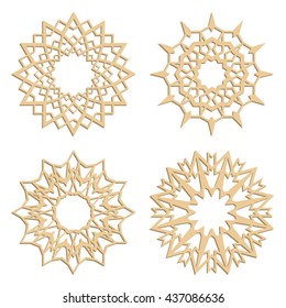 DIY laser cutting patterns. Islamic die cut ornaments. Cutout silhouette stencils. Fretwork round panels. Vector coasters for paper cutting, scrapbook and woodcut.