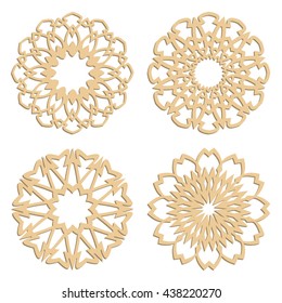 DIY laser cutting patterns. Islamic die cut ornaments. Cutout silhouette stencils. Fretwork round panels. Vector coasters for paper cutting, scrapbook and woodcut.