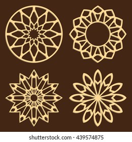 DIY laser cutting patterns. Islamic die cut ornaments. Cutout silhouette stencils. Fretwork round panels. Vector coasters for paper cutting, scrapbook and woodcut.