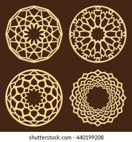 DIY laser cutting patterns. Islamic die cut ornaments. Cutout silhouette stencils. Fretwork round panels. Vector coasters for paper cutting, scrapbook and woodcut.