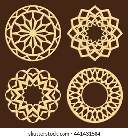 DIY laser cutting patterns. Islamic die cut ornaments. Cutout silhouette stencils. Fretwork round panels. Vector coasters for paper cutting, scrapbook and woodcut.