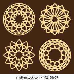 DIY laser cutting patterns. Islamic die cut ornaments. Cutout silhouette stencils. Fretwork round panels. Vector coasters for paper cutting, scrapbook and woodcut.