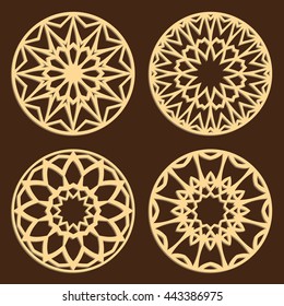 DIY laser cutting patterns. Islamic die cut ornaments. Cutout silhouette stencils. Fretwork round panels. Vector coasters for paper cutting, scrapbook or woodcut.
