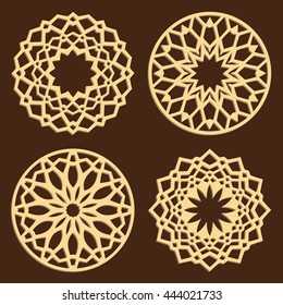 DIY laser cutting patterns. Islamic die cut ornaments. Cutout silhouette stencils. Fretwork round panels. Vector coasters for paper cutting, scrapbook or woodcut.