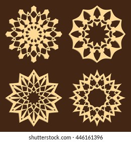 DIY laser cutting patterns. Jigsaw die cut ornaments. Islamic cutout silhouette stencils. Fretwork round panels. Vector coasters for paper cutting, scrapbook and woodcut.
