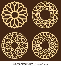DIY laser cutting patterns. Jigsaw die cut ornaments. Islamic cutout silhouette stencils. Fretwork round panels. Vector coasters for paper cutting, scrapbook and woodcut.